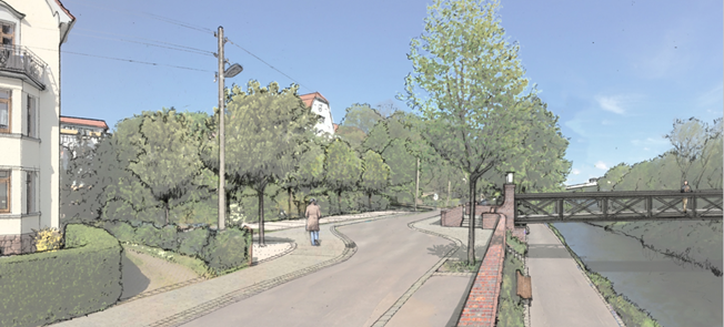Entwurfszeichnung für die neue Tiefenbacher Alle mit neuer Brücke fürFußgänger und Radfahrer über die Hörsel.