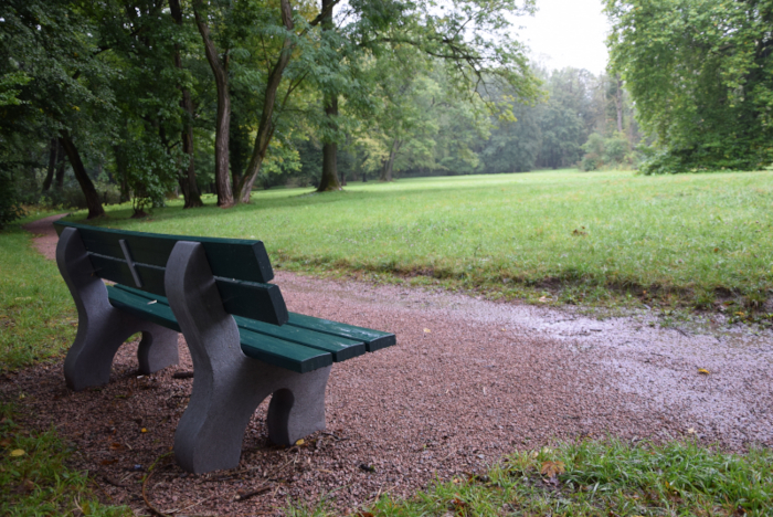 Eine grüne Bank steht an einem Weg. Dahinter ist ein Park zu sehen.