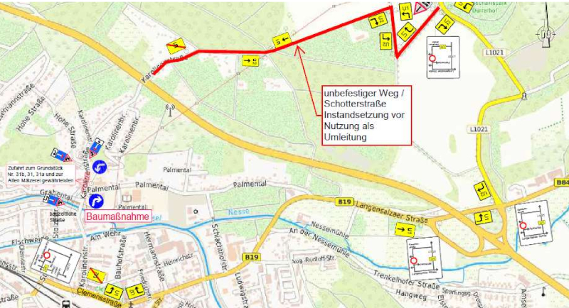 Ein Kartenauszug mit eingezeichneter Umleitung