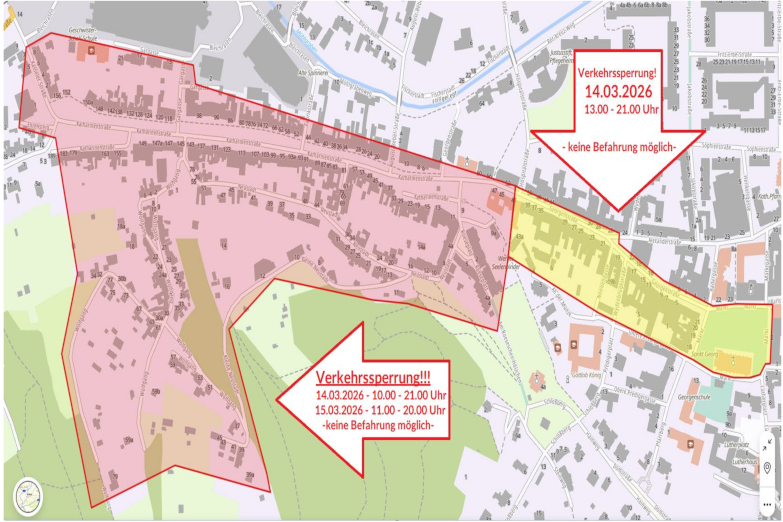Karte von Straßen und eingezeichneten Sperrbereichen