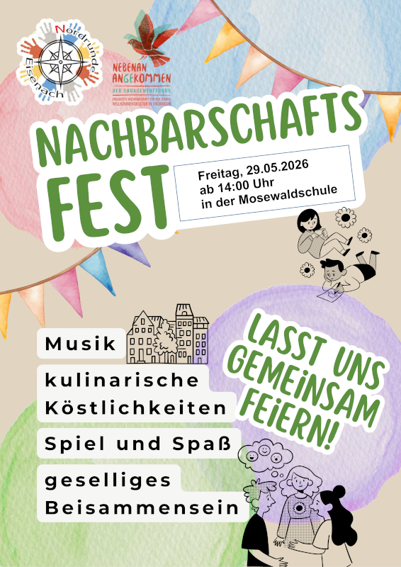 Plakat zum Nachbarschaftsfest mit Schrift und Fähnchen sowie bunten Kugeln im Hintergrund