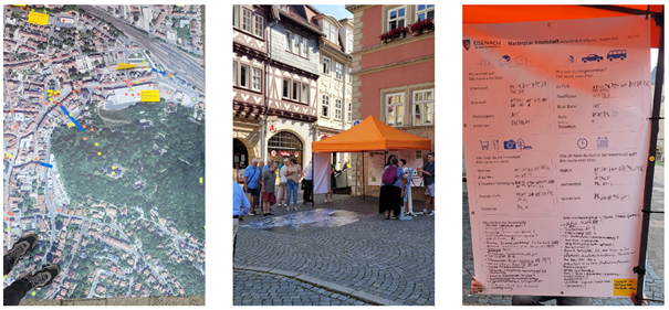 Drei aneinander gereihte Fotos, die einen Informationsstand sowie Kartenmaterial zeigen